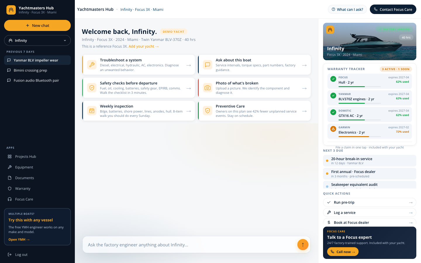Focus owner support dashboard for a Focus 3X yacht, brand-skinned, showing service intervals, warranty status, and factory-authorized chat.