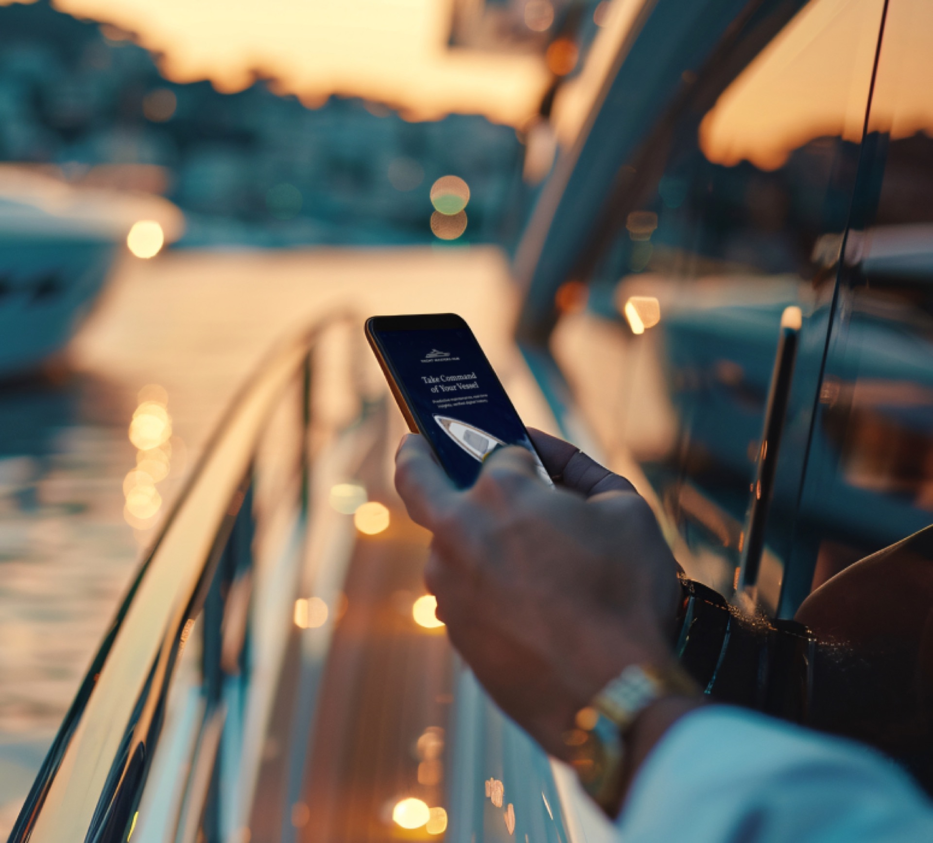 Captain using the app at sunset